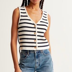 Abercrombie & Fitch Mara Button-up sweater vest, navy cream stripes, gold button